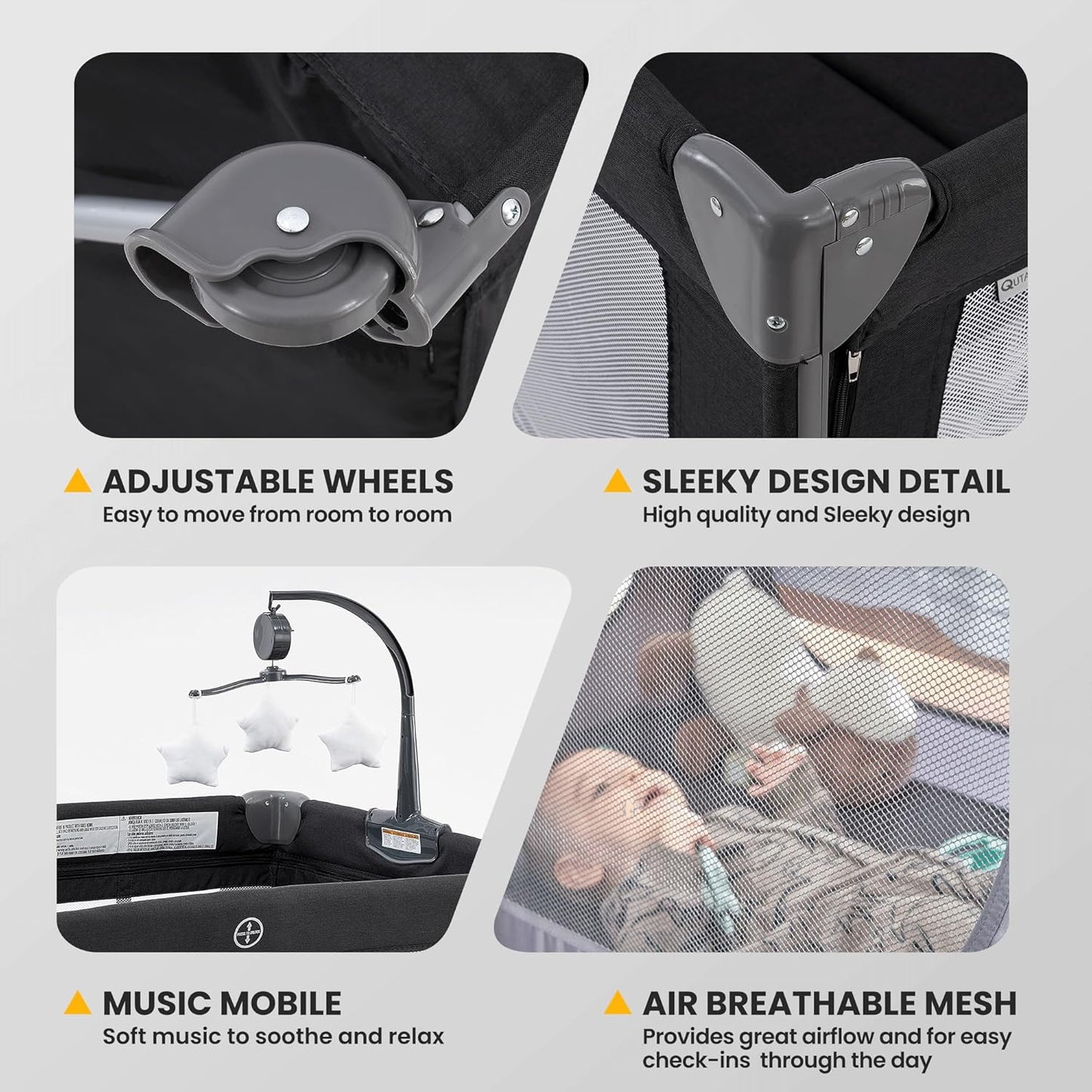 QUTANIX 2-in-1 Pack and Play with Mattress,Baby Bassinet Bedside Sleeper, Bedside Bassinet & Baby Playpen, Easy Folding Portable Crib for Newborn to Toddlers (Dark Grey)