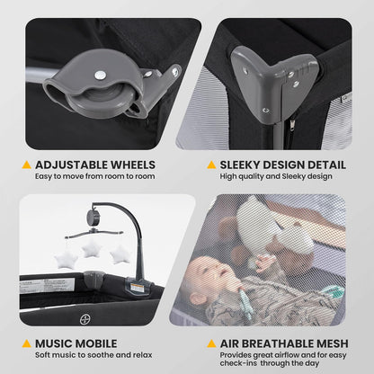 QUTANIX 2-in-1 Pack and Play with Mattress,Baby Bassinet Bedside Sleeper, Bedside Bassinet & Baby Playpen, Easy Folding Portable Crib for Newborn to Toddlers (Dark Grey)