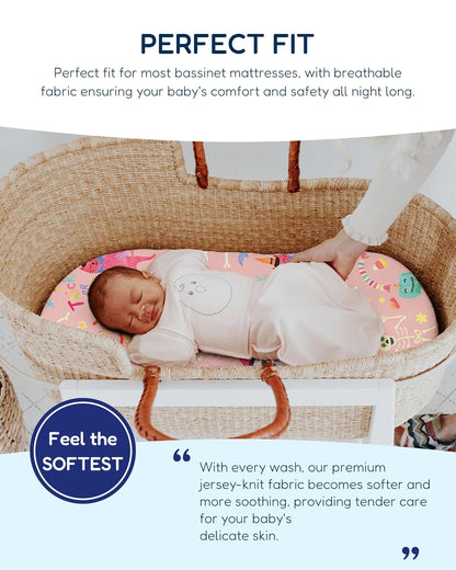 TotAha Premium Stretchy Bassinet Sheets for Baby Girl, Silky Comfort Cradle Sheets Fitted 18 x 36 for Oval, Rectangular, Hourglass Mattress, Hypoallergenic, Buttery Soft 2-Pack (Floral & Pale Pink)