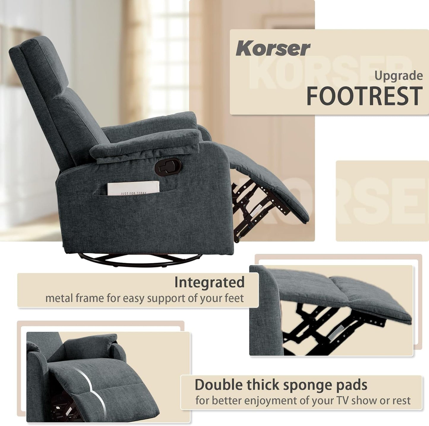 Korser Recliner Chair, Swivel Rocking Recliner Chair for Adults, Glider Rocking Chair, Small Nursery Chair Recliner for Living Room, Reclining Chair with Modern-Designed Armrests, Chenille, Beige