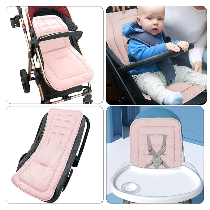 Baby Stroller Cushion, Infant Car Seat Insert-Universal Breathable and Soft Newborn Stroller Mat-100% Cotton Cover Toddler Seat Pad Liner for Stroller, 34x78cm,1 Pack（Grey+Pink）