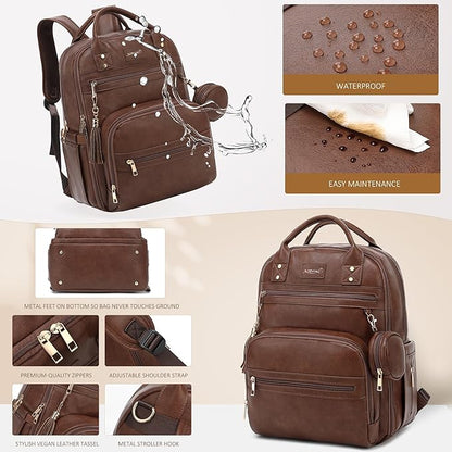 ROSEGIN Premium Vegan Leather Diaper Bag Backpack with Waterproof Changing Pad, Reinforced Zippers & Odor-Free,20 Pockets Pro Organizer, Fits 15.6" Laptop, Stroller Straps, Baby Bag for Mom,Dark Brown