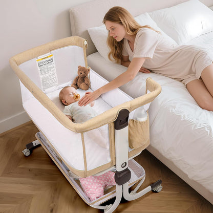 MOMFANN Baby Bassinet Bedside Sleeper, Upgraded Stability Bedside Crib with Full Mesh Sides, Soft Sheet, 6-Height Adjustment, Storage Basket, Easy Folding Portable Bassinet for Newborns, Gray