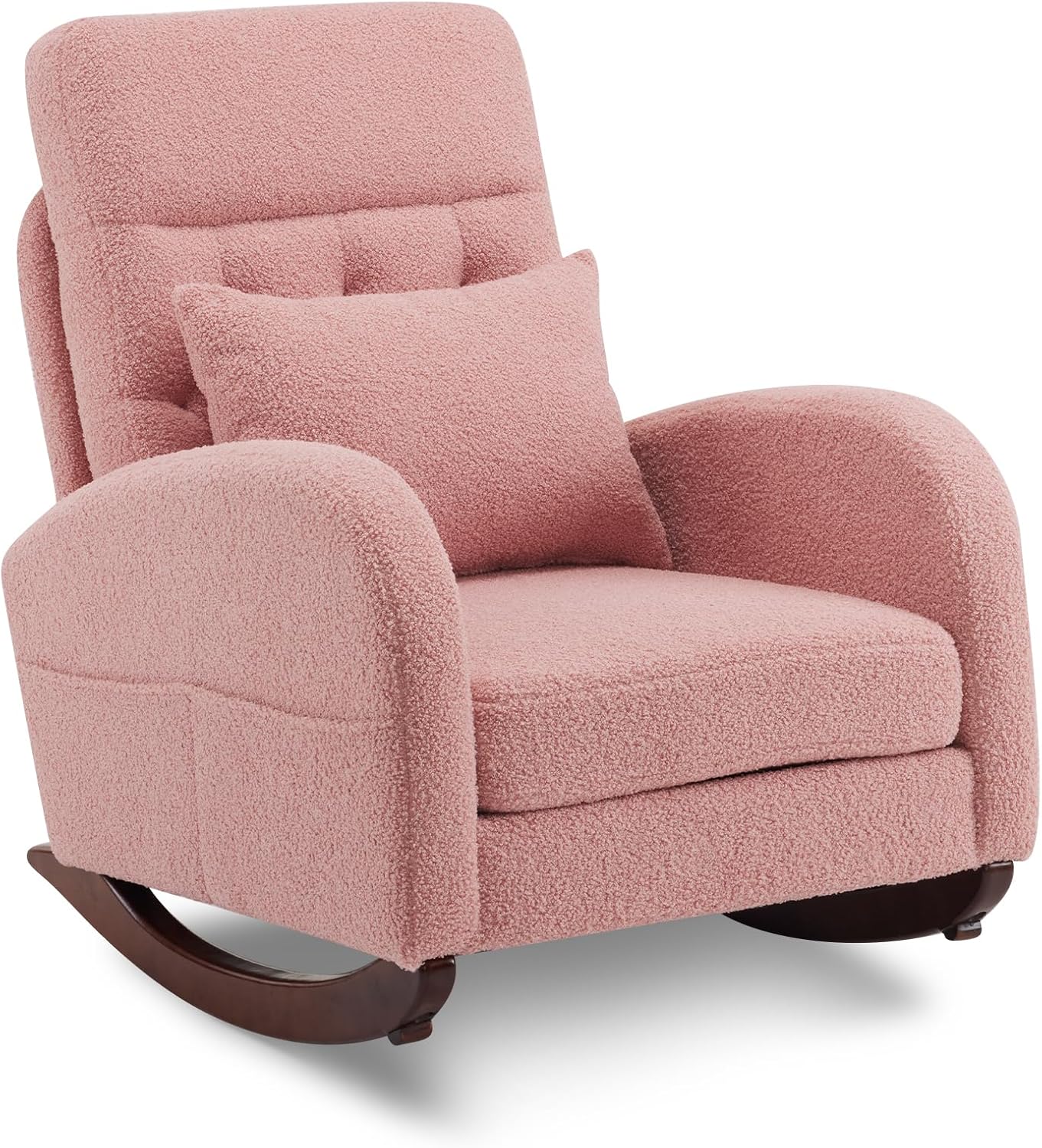VINGLI Teddy Fleece Low Seat Rocking Chair,Boucle Upholstered Nursery Glider Chair with Side Pockets,Accent Arm Chair with High Backrest,Comfy Head Rest,Solid Wood,For Living Room Bedroom Balcony,Pink