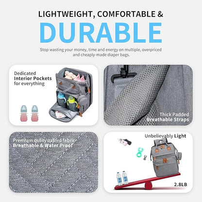 KABAQOO Diaper Bag Backpack with Detachable Changing Station, Large Capacity Baby Diaper Bags for Boys & Girls, Baby Registry Search Stuff & Shower Gifts, Newborn Essentials Must Haves, Grey