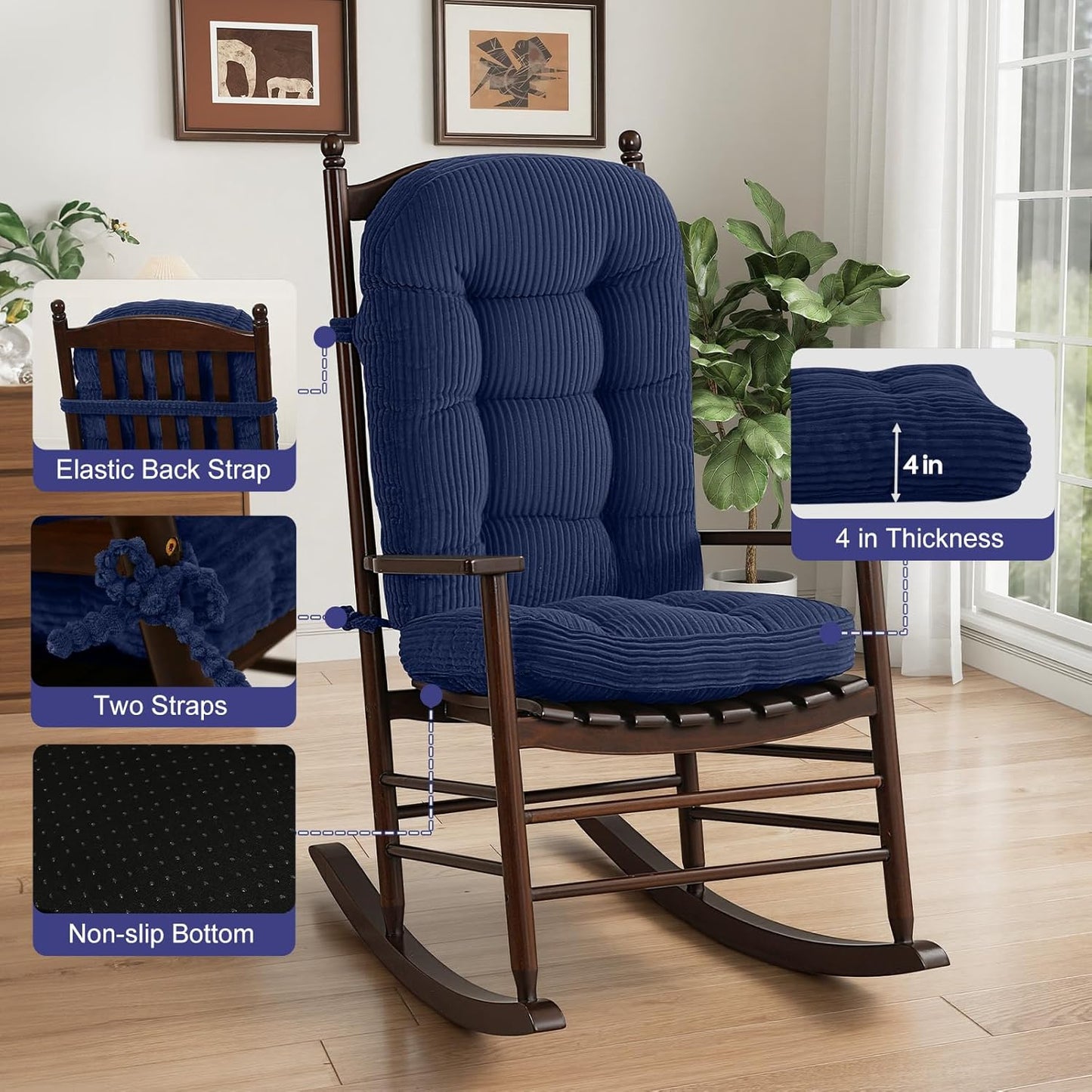 idee-home Wingback Rocking Chair Cushions Indoor, Glider Rocker Replacement Cushions with Removable Corduroy Cover, Wooden Adirondack Chair Pad Non-Slip Bottom Tufted Seat Pads with Ties, Green