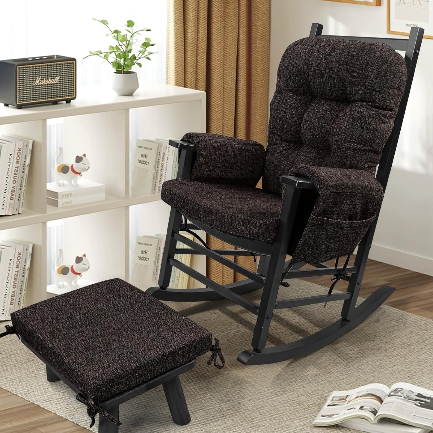 SINOSSO Glider Rocker Cushion Set (5 Pcs), Soft Blended Fabric High-Density Support Foam Seat Cushions with Ties, Fits Rocking Chair/Nursery Glider & Ottoman, Black-Gray