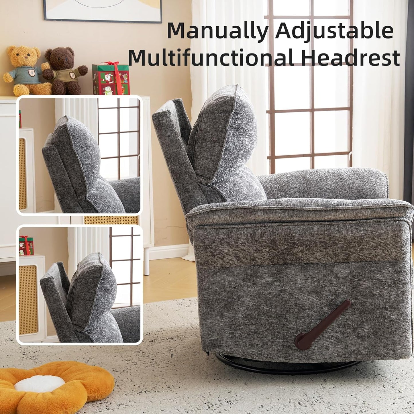 Oversized Glider Rocker Recliner, 26" Extra Wide 360° Swivel Nursery Recliner with Adjustable Headrest, Chenille Rocking Nursery Chair with Overstuffed Armrest, Lumbar Support, Light Grey