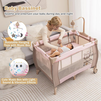HONEY JOY Pack and Play, 3 in 1 Portable Baby Playard with Bassinet, Changing Table, Lockable Wheels, Music Box, Foldable Travel Baby Crib Nursery Center from Newborn to Toddler (Coffee Pink)