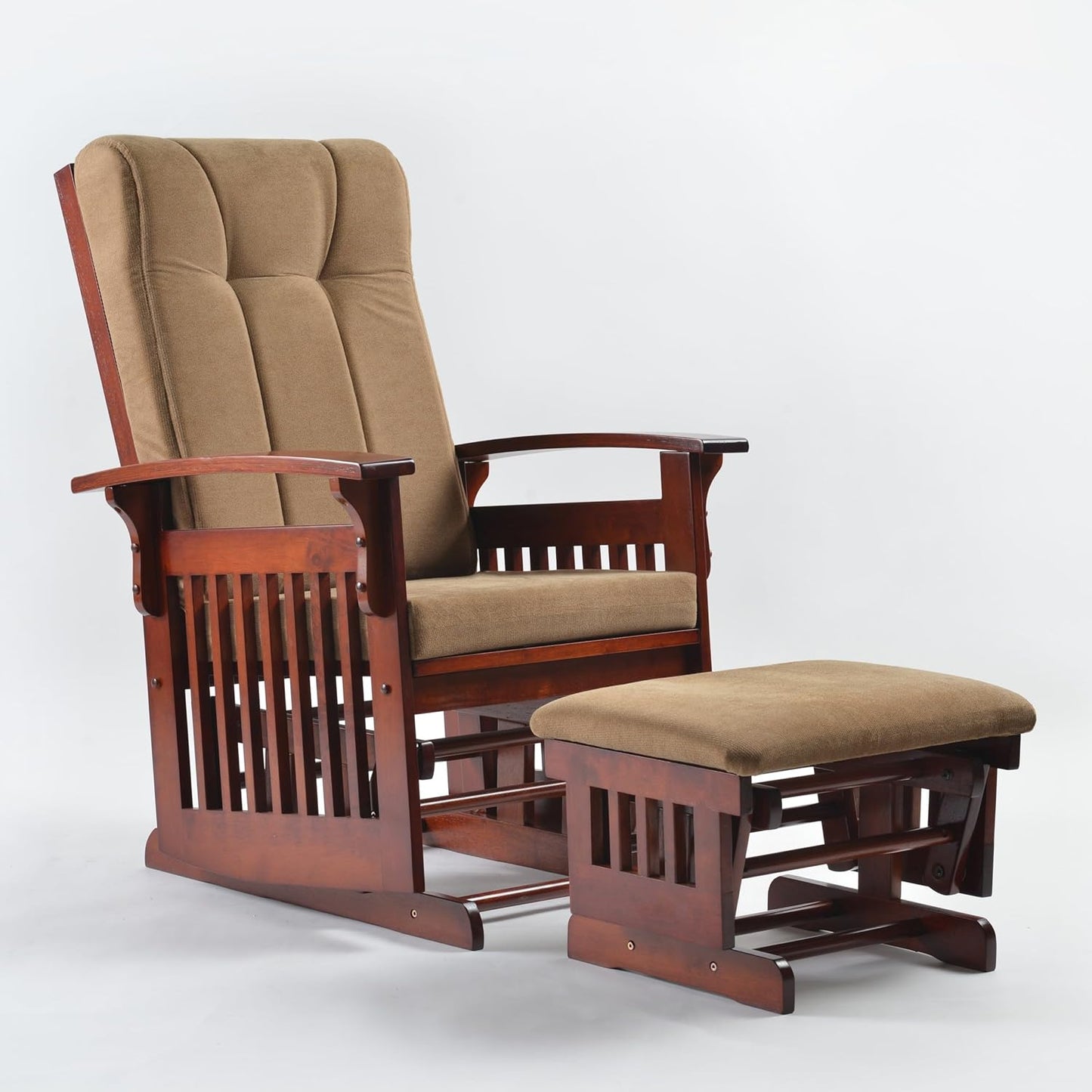 Glider Rocking Chair with Ottoman Set, Solid Wood Nursery Glider Rocker with Padded Cushion, High Back Upholstered Swivel Glider for Living Room, Nursing, Reading, 280LBS Weight Capacity,Oak+Khaki