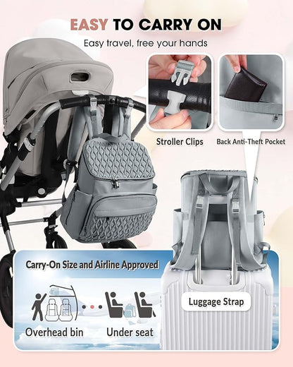 Baby Diaper Bag, Multi-Function Baby Bag for Mom Dad, Diaper Backpack with Changing Pad Stylish Pañaleras para Bebe Stroller Straps, Newborn Baby Essentials Must Haves for Women Grey Green