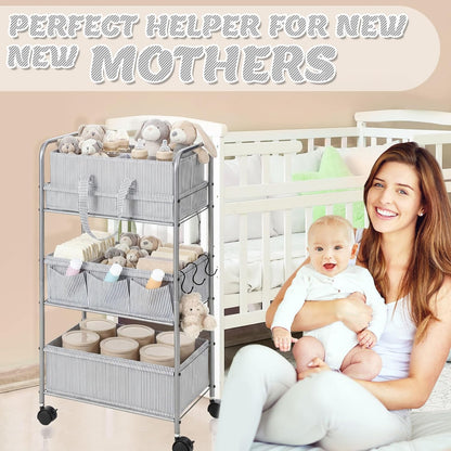 WILLBOND 2in1 Baby Diaper Caddy Organizer Cart, 3 Tier Large Capacity Metal Utility Bedside Rolling Cart with Divider for Newborn Registry Nursery Essential Must Have Gift Baby Shower Bedroom(Pink)