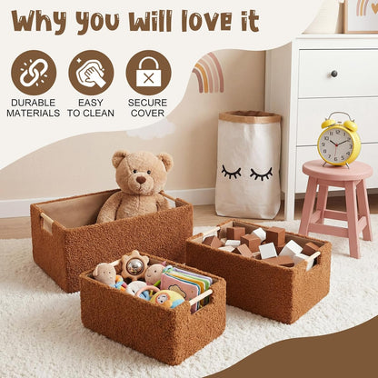 3 Pack Baby Diaper Caddys Organizer 3 Size Brown Baby Changing Basket Sherpa Fleece Diaper Storage Baskets Soft Plush Toy Bins BabyShower Gift for Nursery Car Portable Changing Table