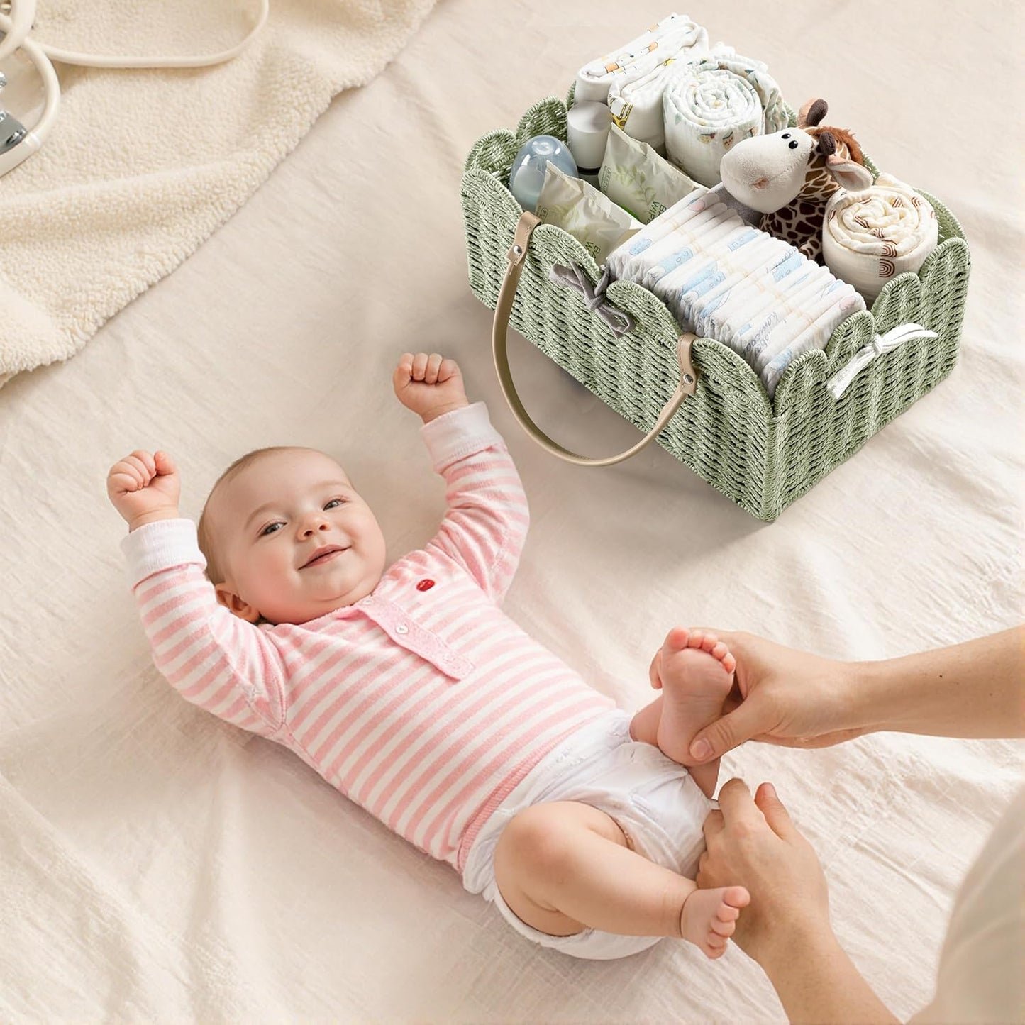 HBlife Large Baby Diaper Caddy, Paper Rope Storage Baskets Nursery Bin with Removable Divider, Portable Car Organizer for Diapers, Baby Shower Gifts, Newborn Essentials Must Haves