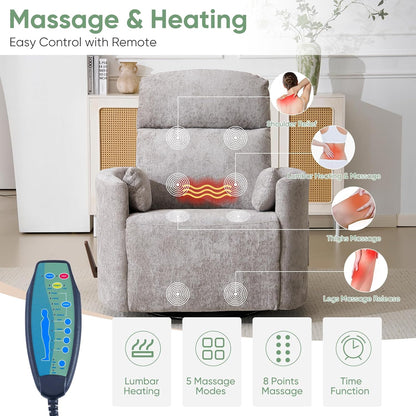 Oversized Swivel Rocker Recliner Chair with Heat and Massage, Rocking Chair with Adjustable Headrest, Manual Recliner, Glider Recliner with 2 Pillows, Chenille White