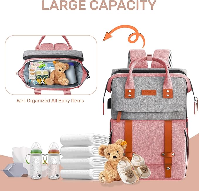 Diaper Bag Backpack with Changing Station, Large Diaper Bag, Multifunctional Diaper Bag, Baby Bag, PinkGray