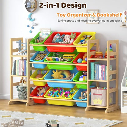 Large Toy Storage Organizer Kids Toy Organizer and Bookshelf Combo with 12 Bins and 6 Shelves Toy Organization Box Toy Shelf for Playroom, Bedroom, Nursery