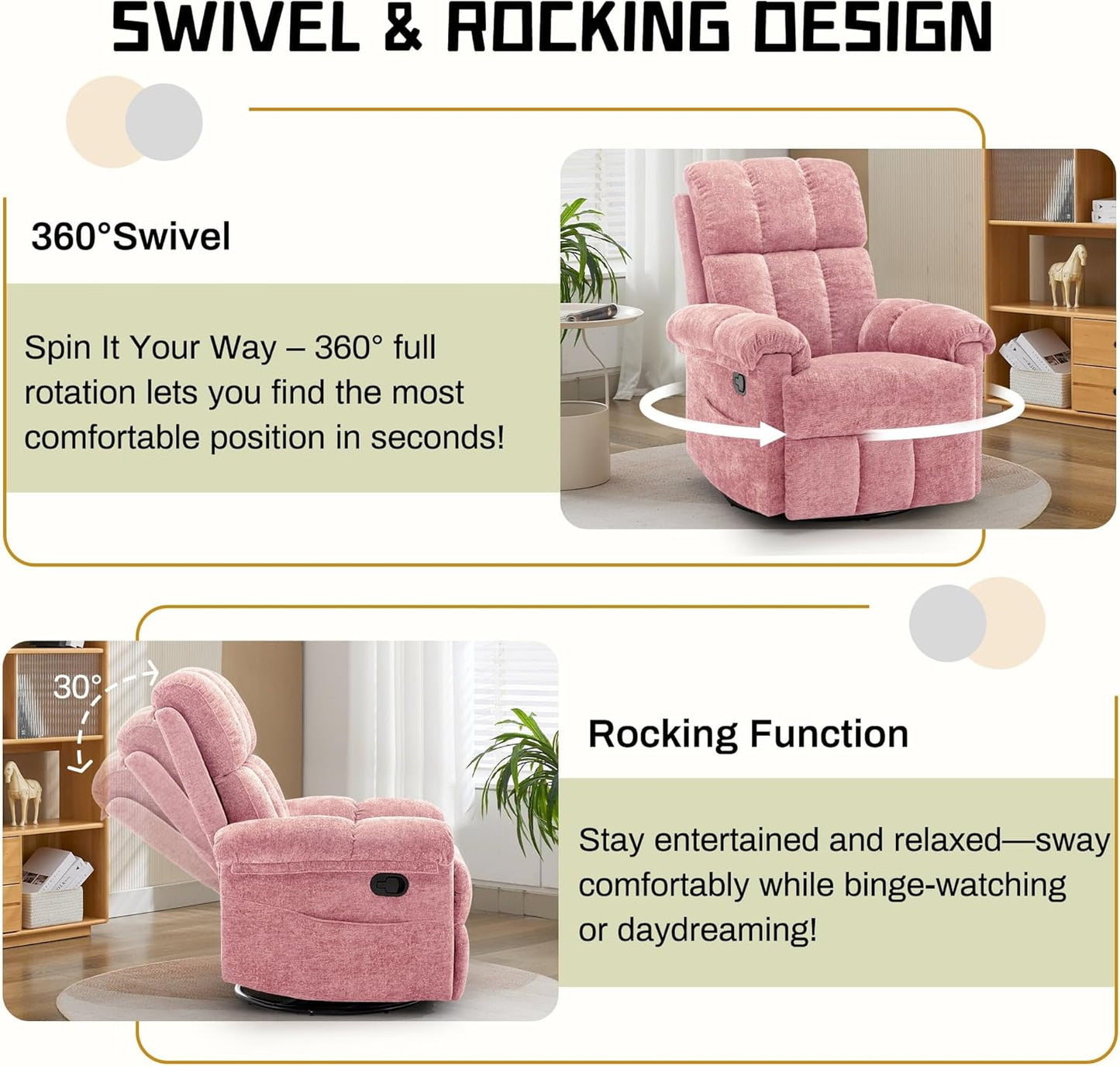 Korser Recliner Chair, Swivel Rocker Recliner Chair for Adults, Small Recliners for Small Spaces, Upholstered Manual Recliner with Side Pockets, Nursery Rocking Chair for Living Room, Chenille, Beige