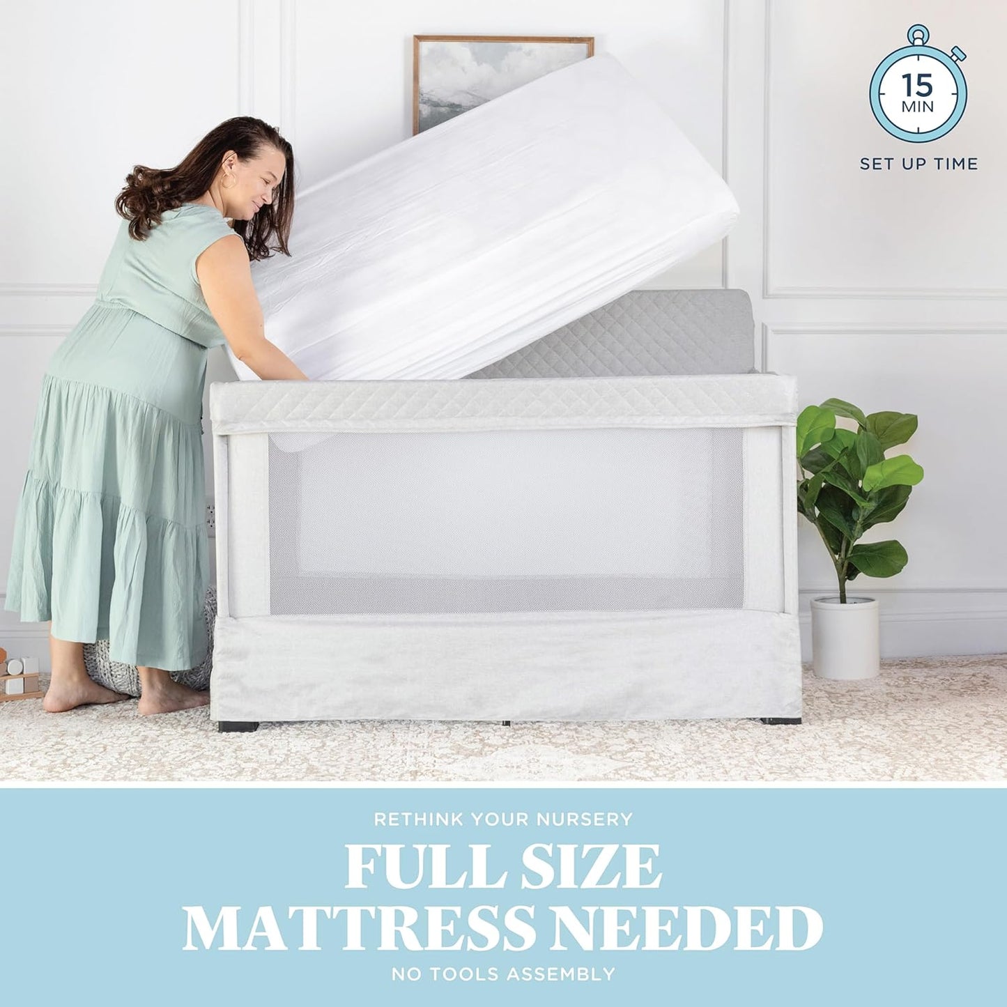 Baby Delight Lunaire Full Size Crib | Breathable Mesh Baby Crib | Tool-Free Assembly Baby Bed | Charcoal Tweed