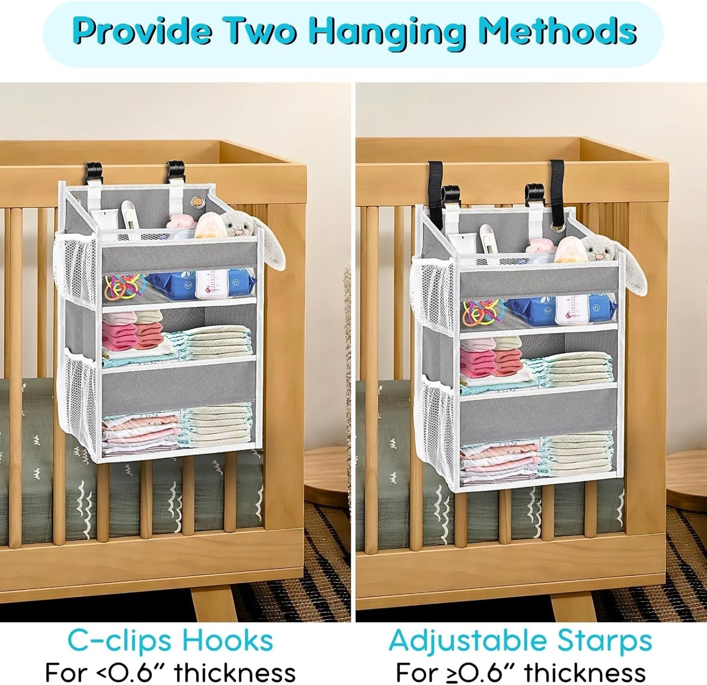 Ofiray-home Hanging Diaper Organizer for Changing Table,Cribs,Car,Playard or Wall & Nursery Organization-Durable 2-Tier Diaper Organizer with Mesh Pockets and Viewable Design, Won't Deform, Light Gray