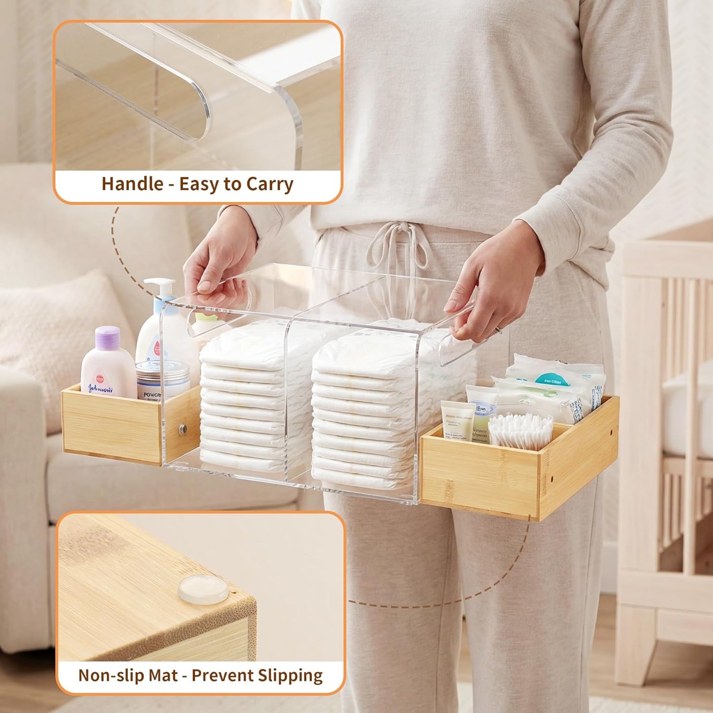Acrylic Diaper Caddy, Changing Table Organizer with Handle & 3 Wooden Compartments, Storage for Wipe Dispenser, Baby Organizers and Storage, Perfect for Diapers Wipes Creams, Clear
