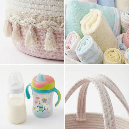 Diaper Caddy Organizer, Stylish Nursery Storage Basket, Baby Shower Basket with Tassel Decorative Appearance, Portable Storage Basket Suitable for Family and Car Travel (Grey)