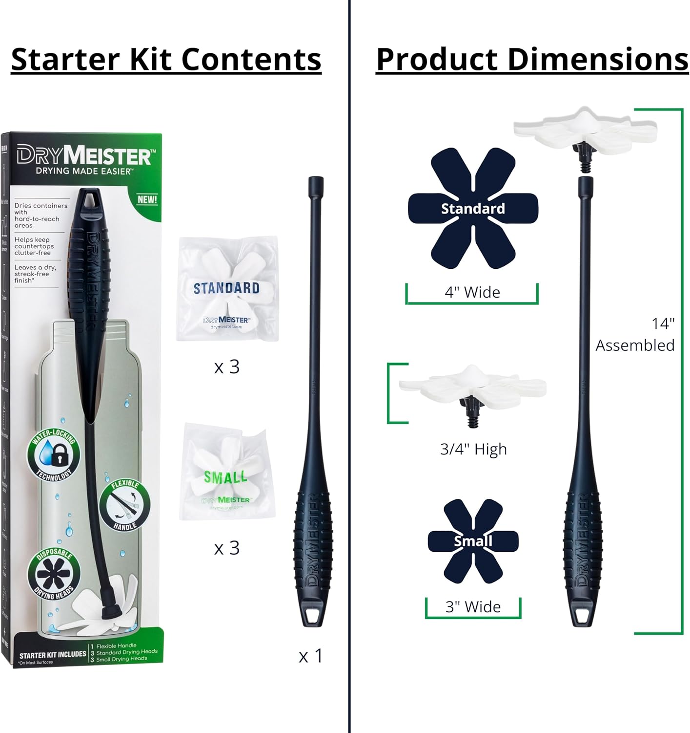 Drying Wand - Narrow Container Dryer (>1.25" Opening) - Water Bottle, Carafe, Wine Glass, Champagne Flute, Hydration Backpack Bladder, Reusable Bags - Rack Alternative. Patented.
