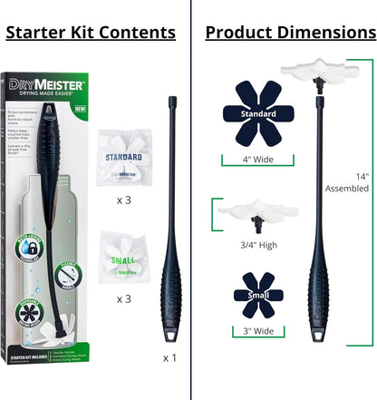 Drying Wand - Narrow Container Dryer (>1.25" Opening) - Water Bottle, Carafe, Wine Glass, Champagne Flute, Hydration Backpack Bladder, Reusable Bags - Rack Alternative. Patented.