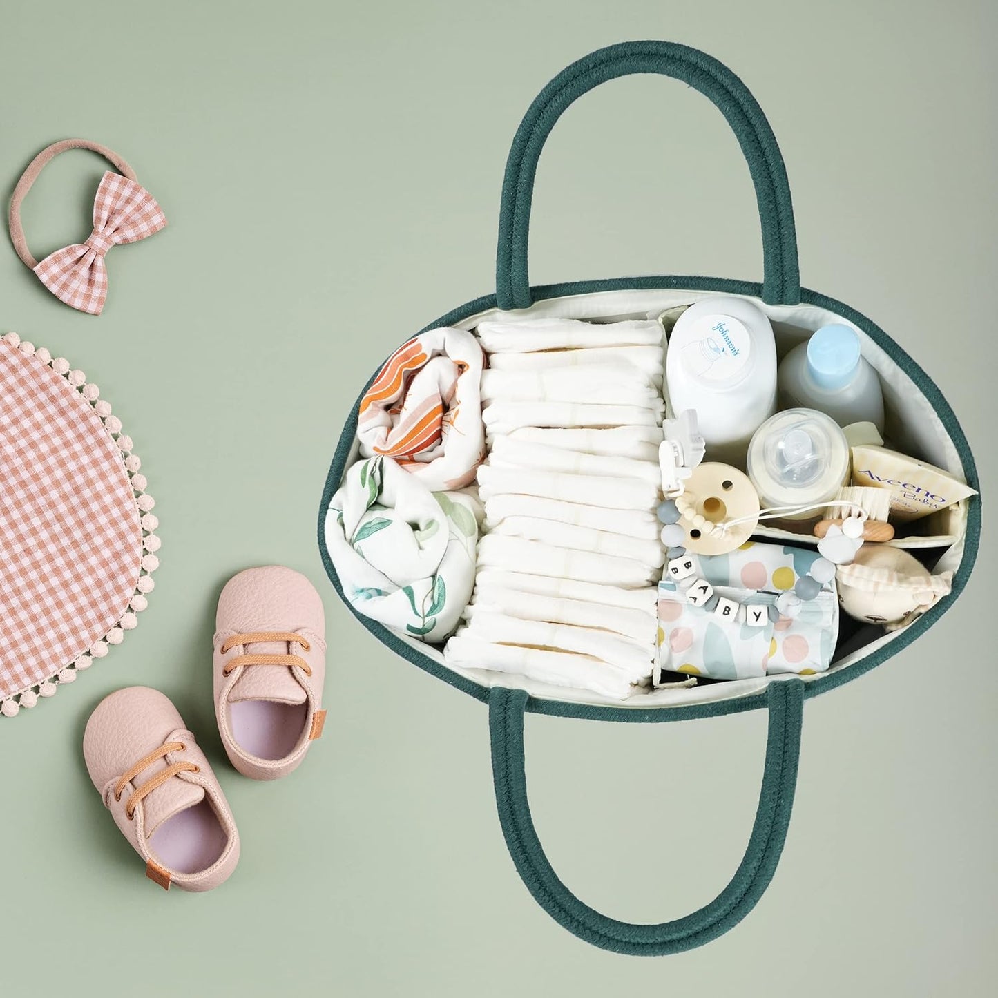 Baby Diaper Caddy Organizer for Girl Boy Rope Nursery Storage Bin Basket Portable Holder Tote Bag for Changing Table Car Travel Baby Shower Gifts Newborn Essentials Registry Must Have Items Pink