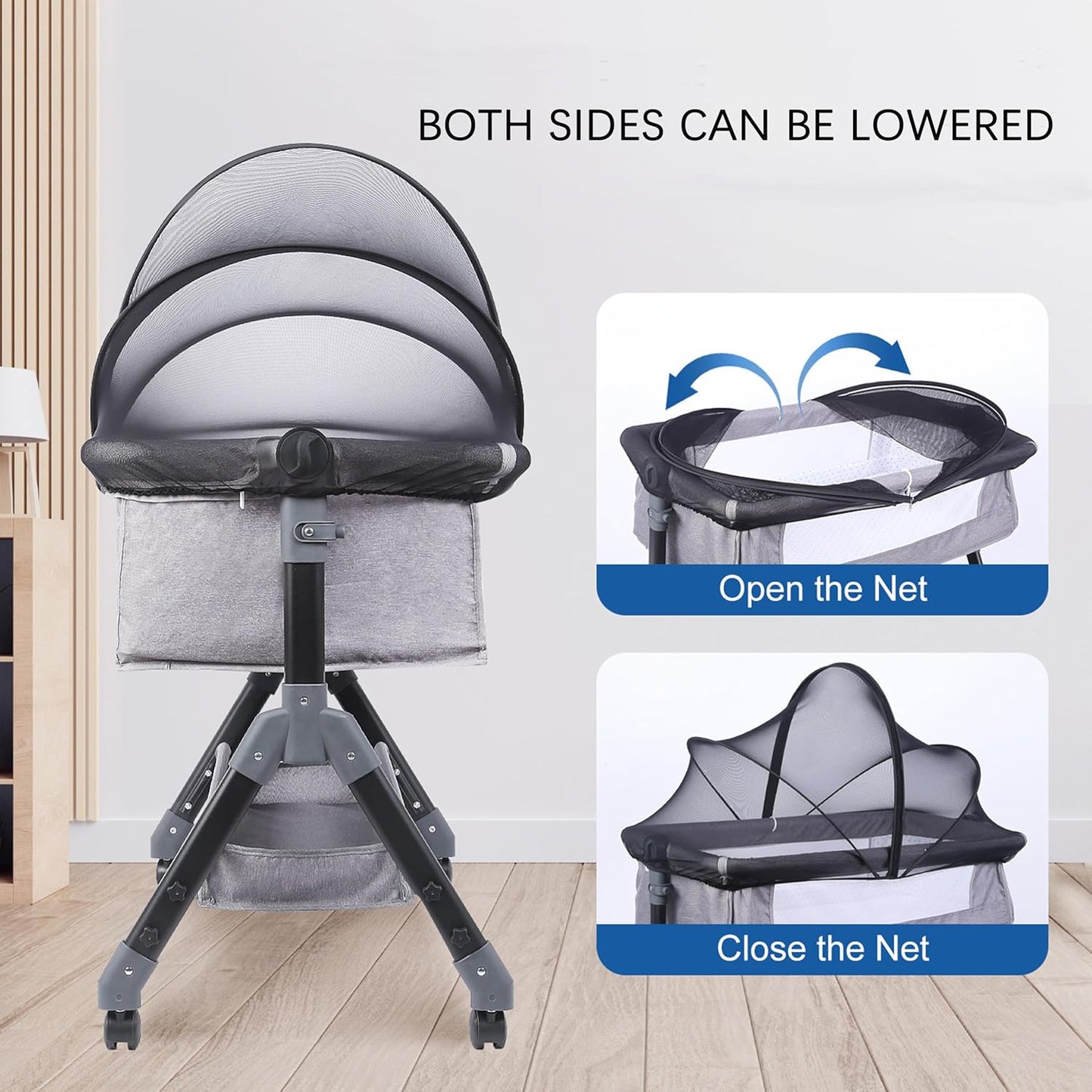 Akiky Portable Bassinet Bedside Sleeper Cover Semi-Sunshade Mosquito Net for Baby Infant Bed Sleeper Cover Mesh Net with Zip-up Window(Gray)