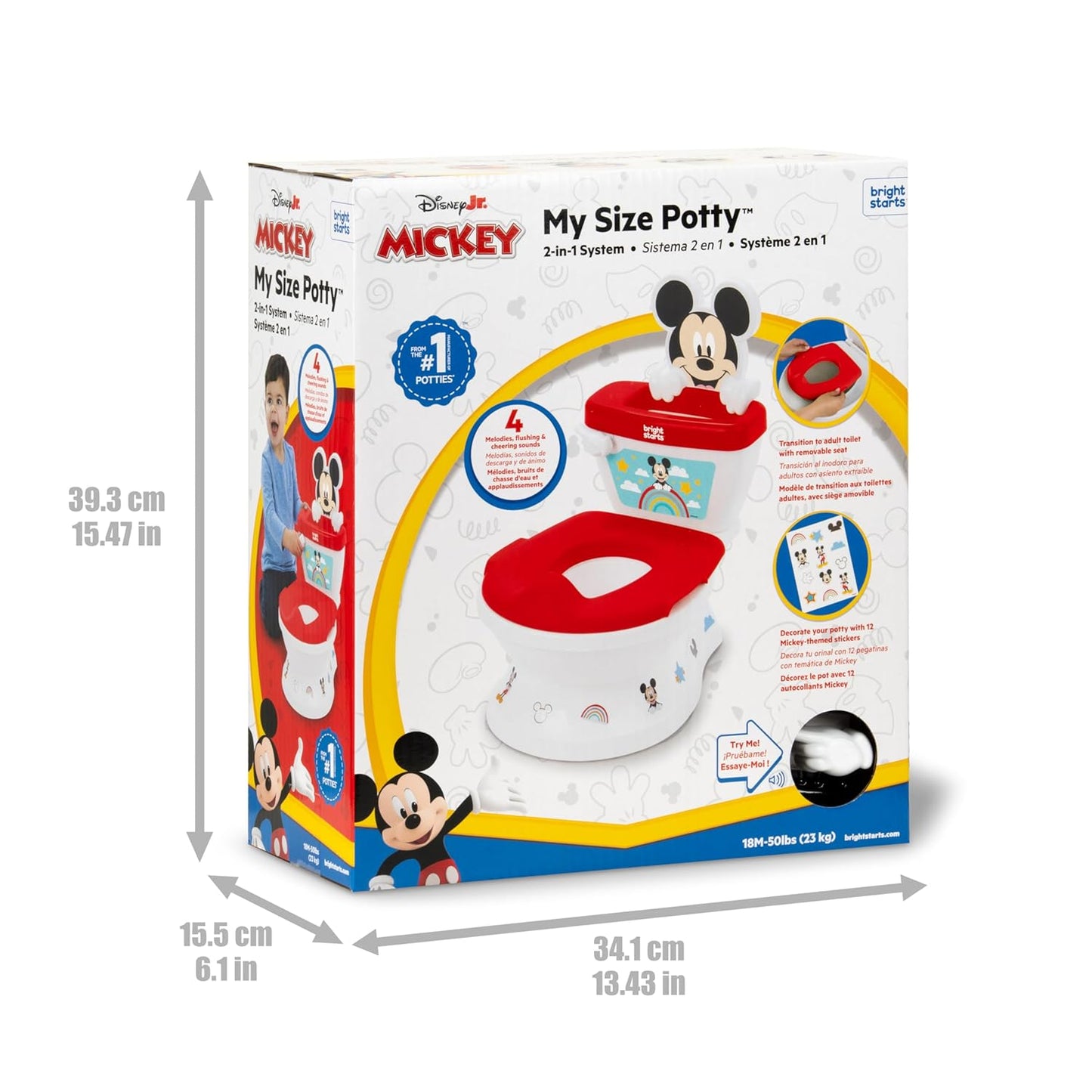 Bright Starts Disney Junior Minnie Mouse My Size Potty Training Toilet, Toddler Potty Chair with Flushing & Cheering Sounds, Removable Seat with Splash Guard & Handles, Ages 18+ Months, Up to 50 lbs