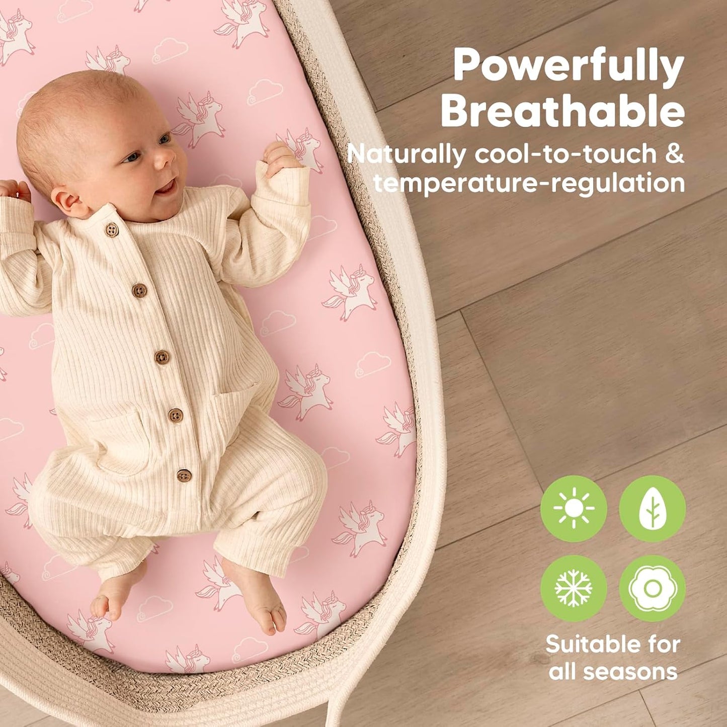 2-Pack Baby Bassinet Sheets Girl, Boy - 33x17 Viscose Derived from Bamboo Bedside Mattress Fitted Bassinet Sheets, Compatible with Halo Bassinest Swivel Sleeper, Baby Delight, Graco (Pecan)