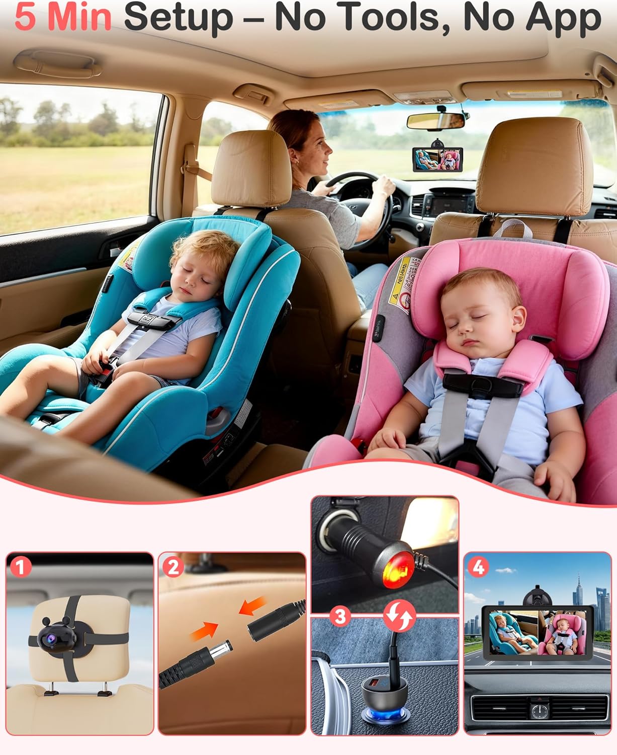 Wkzay Baby Car Camera 2-Pack – HD 1080P, 150° Wide Angle, Night Vision, Adjustable LED Light, Easy Installation, Infant Safety, Rear Seat Monitoring for Car Travel