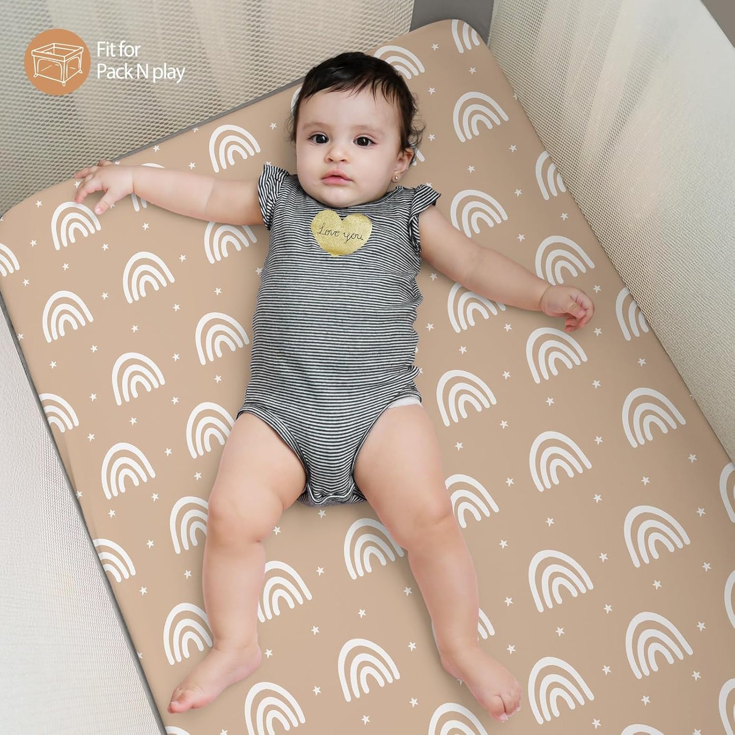 Baby Mini Crib Sheets Girl, Portable 38”x26” Pack and Play Sheets Fitted for Playard and Pack N Play Mattress, 3-Pack Soft Microfiber Pink Rainbow
