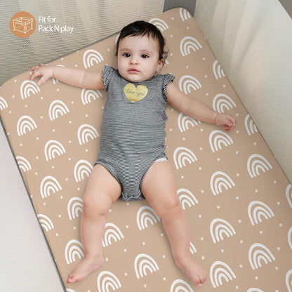 Baby Mini Crib Sheets Girl, Portable 38”x26” Pack and Play Sheets Fitted for Playard and Pack N Play Mattress, 3-Pack Soft Microfiber Pink Rainbow