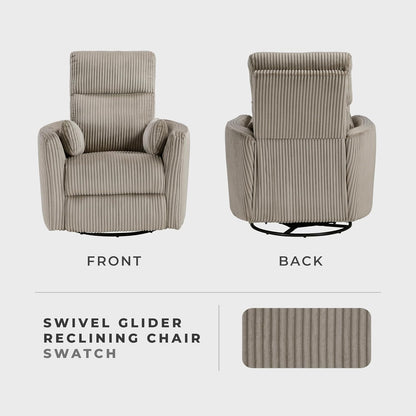 Lexicon Modern Swivel Glider Recliner Chair, Nursery Glider, Corduroy Fabric Upholstery Recliner with 2 Lumbar Pillows, Manual Reclining Sofa Chair for Living Room/Office/Apartment, Beige