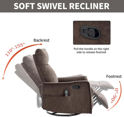 Swivel Rocker Recliner Chair for Adults, Nursery Rocking Chair with Heat and Massage, Glider Reclining Chair for Small Space Living Room Bedroom, Faux Leather Black