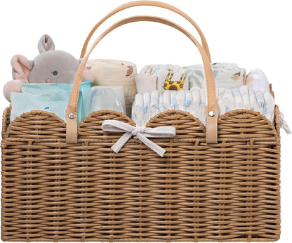 HBlife Baby Diaper Caddy Organizer, Large Portable Scalloped Plastic Wicker Woven Basket with Divider, Nursery Diaper Station, Baby Shower Gifts Basket, Car Organizer, Washable Waterproof
