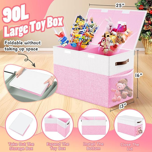 Large Toy Storage Box with Lid Divider, Sturdy Collapsible Toys Organizer Chest Kids Storage Bins Boxes Baskets for Boys, Girls, Nursery, Bedroom, Living Room, Playroom, 25"x13"x16", Pink and White