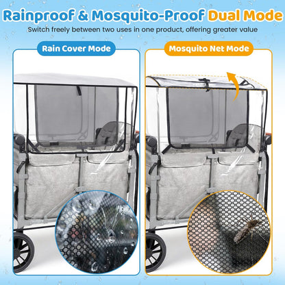 Clear Stroller Rain Cover for Trolley Cart, Rain Cover for Wagon Stroller with Mosquito Net, Big Size Suitable for The WonderFold W4 Original, Waterproof Picnic Camping Accessories (Cart Not Included)