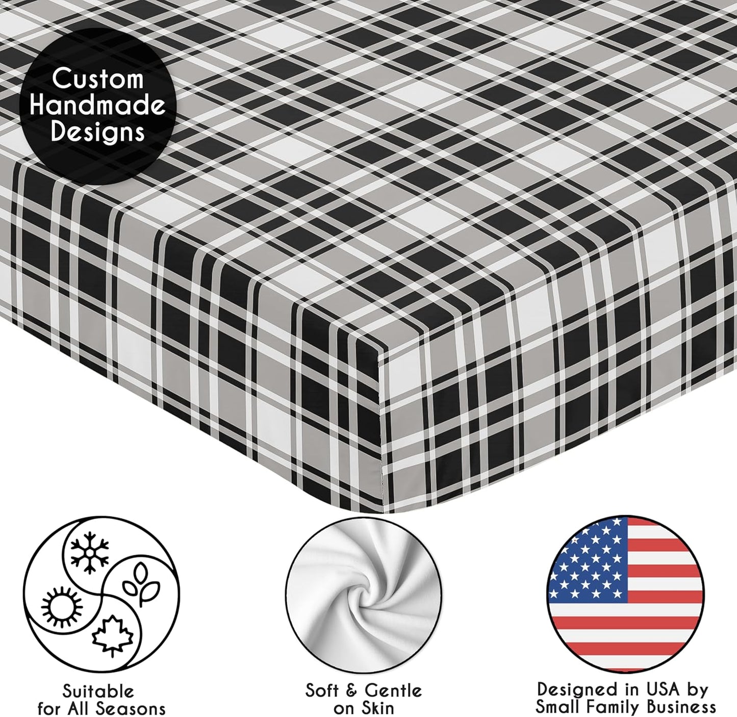Sweet Jojo Designs 2-Piece Baby Bassinet Sheets Set (Black/White Gingham Checkered Plaid) for Boy/Girl, Infant Newborn Nursery, Oval, Rectangle & Hourglass Mattress (Solid Onyx & Classic Checkerboard)
