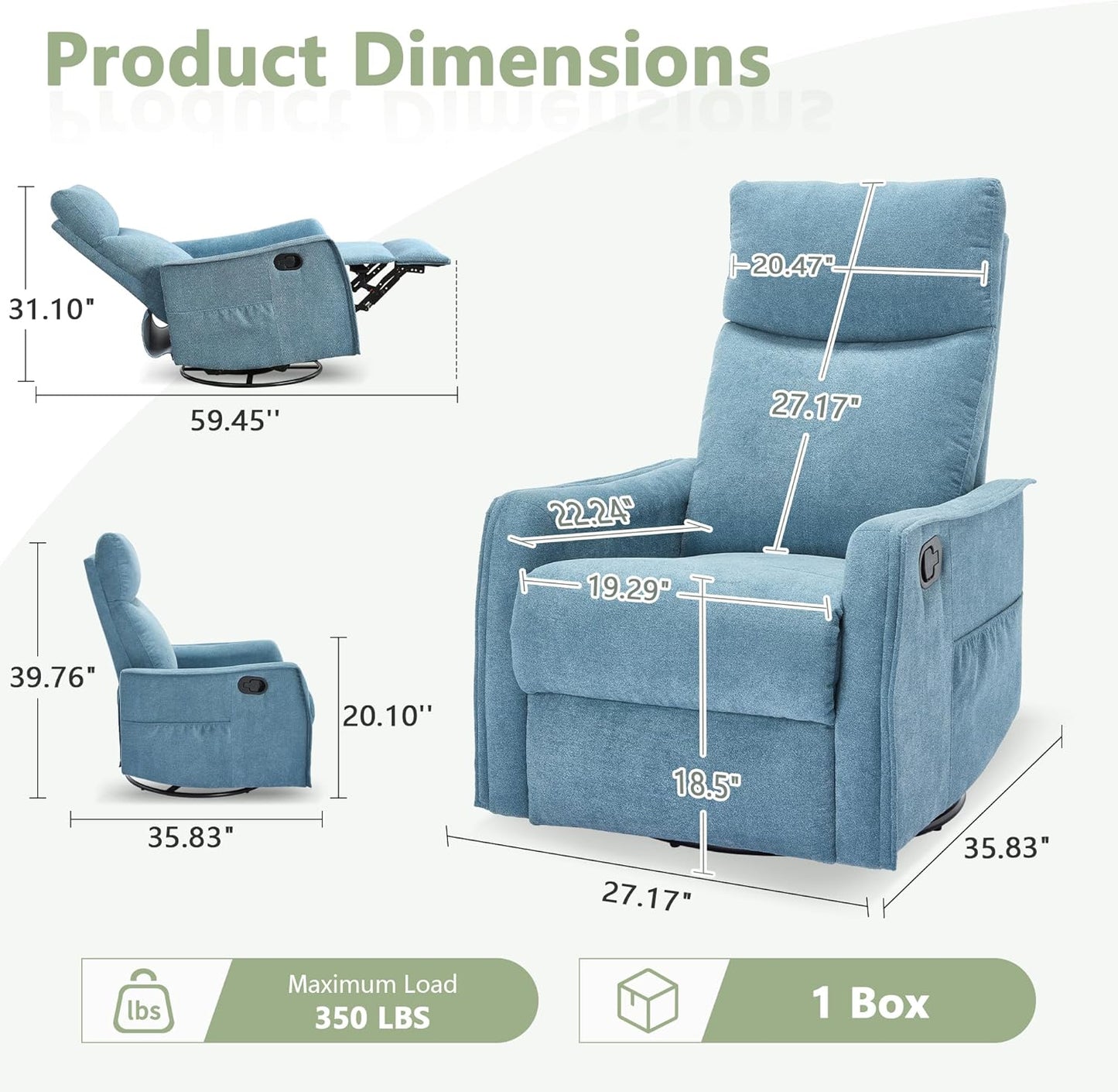 cinkehome Swivel Rocker Recliner, Glider Rocker Recliner Chair for Nursery, Manual Reclining Chair with Heated Massage, Small Spaces, Living Room, Khaki Chenille