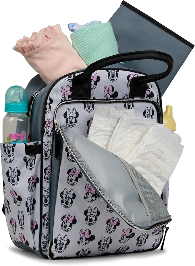 Disney Diaper Bag Backpack with Changing Pad Minnie Mouse – 16” Nylon Baby Bag for Parents, Insulated Bottle Holders, Multiple Storage Pockets