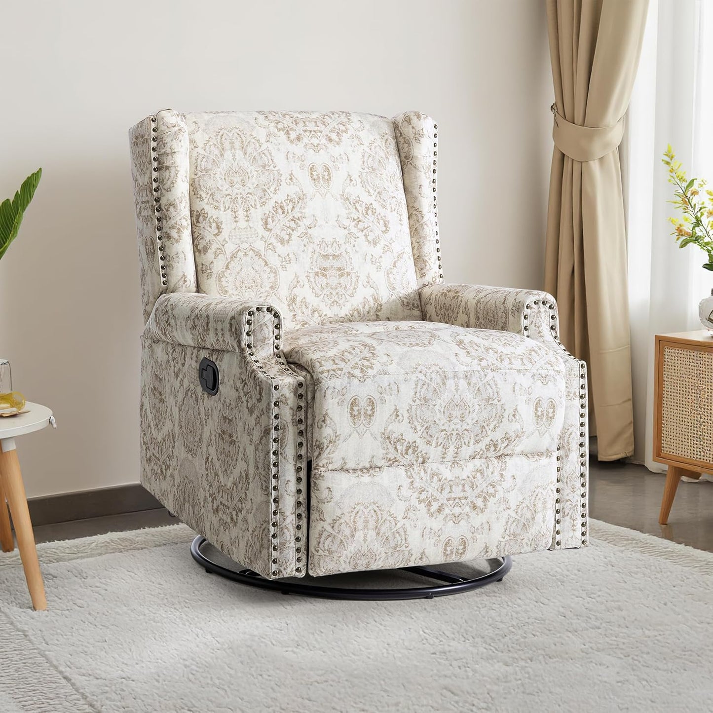 Swivel Rocker Recliner Chair, Manual Nursery Glider Recliner, Floral Fabric Wingback Accent Chair with Adjustable Backrest & Footrest for Small Spaces Living Room Bedroom (Plants Floral, Set of 1)