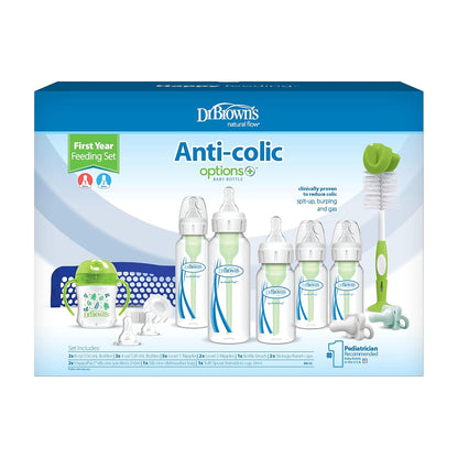 Dr. Brown's Natural Flow Anti-Colic Options+ All-In-One Gift Set for Newborn, with Bottle Warmer, HappyPaci Pacifiers, Cleaning Brush, Formula Mixing Pitcher & Formula Dispenser, 0m+