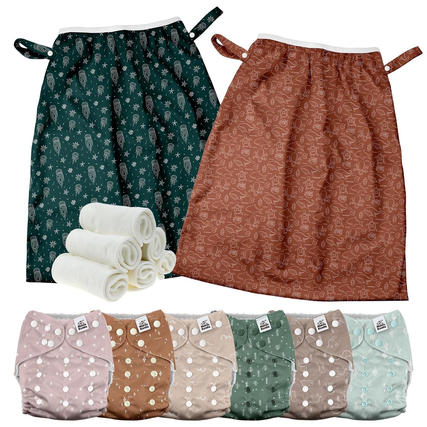 Mama Koala 3.0 Baby Cloth Diapers with 6 Inserts Bundle(Simply Neutrals), with 2 Pack Reusable Pail Liner