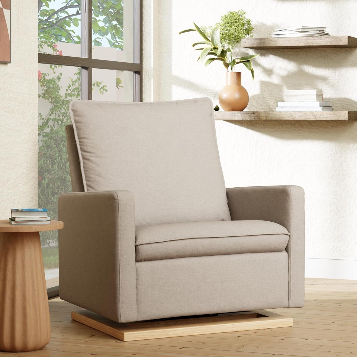 Babyletto Cali Pillowback Swivel Glider in Performance Plastic Cream Eco-Weave, Water Repellent & Stain Resistant, Greenguard Gold and CertiPUR-US Certified