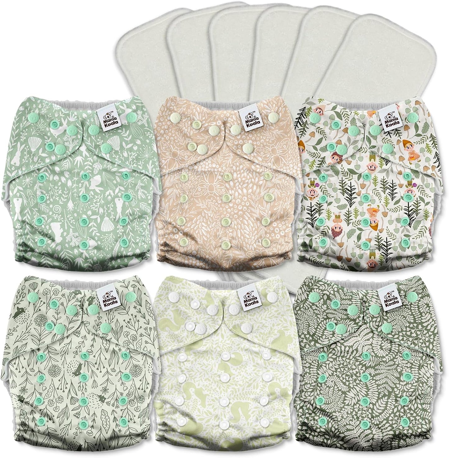 Mama Koala 3.0 Pocket Cloth Diapers for Babies with AWJ Lining, 6 Pack with 6 4-Layer Natural Cloth Diaper Inserts - Reusable and Washable Pocket Diapers(Hardworking Bees) - Colors A