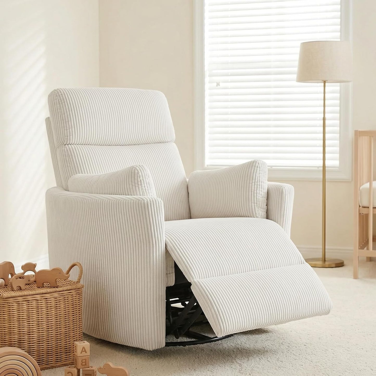 Oversized Swivel Rocking Chair, Manual Large Rocker Recliner Chairs for Adults, Corduroy Nursery Glider Barrel Chair with 2 Pillows, Wide Recliner for Living Room, Bedroom, Nursery, White