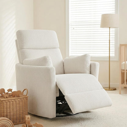 Oversized Swivel Rocking Chair, Manual Large Rocker Recliner Chairs for Adults, Corduroy Nursery Glider Barrel Chair with 2 Pillows, Wide Recliner for Living Room, Bedroom, Nursery, White